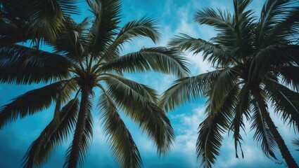 Background of palm branches through which you can see the blue sky. Exotic background, relaxation