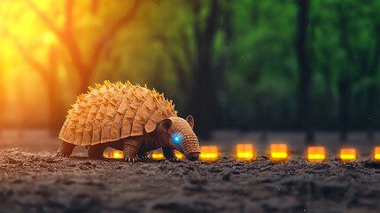 A futuristic armored creature exploring a vibrant forest with glowing markers at sunset