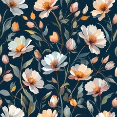 seamless floral pattern with dark blue background for wallpaper or fabric