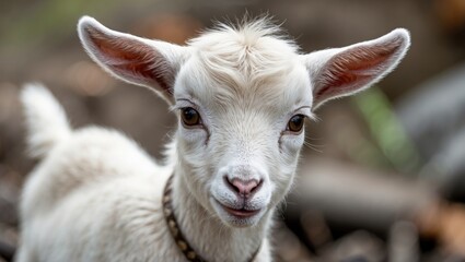 Fototapeta premium A baby goat seen close-up, showcasing its adorable face and ears.