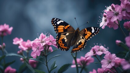 Obraz premium A painted lady butterfly beautifully gathering nectar from pink blossoms.