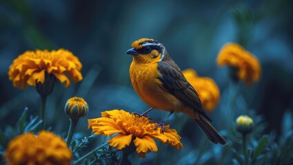 Fototapeta premium A tachina sitting on a marigold flower surrounded by blooming marigolds.