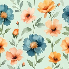 seamless floral pattern of orange and blue flowers on light green background for wallpaper or fabric