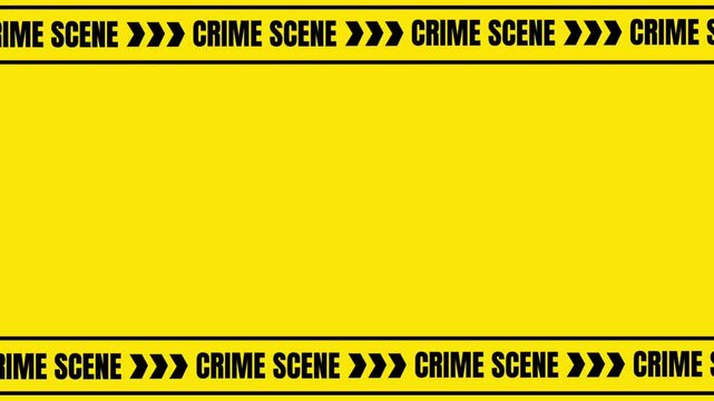 A horizontal yellow tape with repeating 'CRIME SCENE' text and caution patterns marking a restricted investigation or emergency area