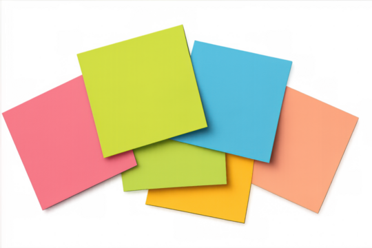 Vibrant sticky notes layering transparently, highlighting key concepts and memory prompts for organization and planning