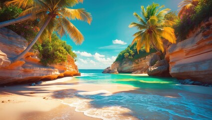 A section of the idyllic beach scene with palm trees, sand, and turquoise water.