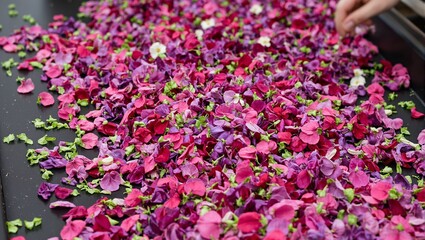 Obraz premium Vibrant edible flowers being sorted on a conveyor belt showcasing beautiful pink and purple petals from a top down perspective