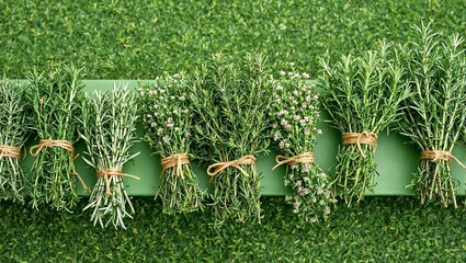 Fresh rosemary and thyme gracefully moving on a conveyor belt captured from above Concept of herbs fragrance and natural beauty