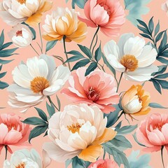 seamless floral pattern of colorful peonies on peachcolored background for wallpaper or fabric