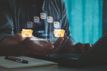 Hand show document for sending of document on internet. DMS, data transfer, transfer file data between folder, cloud backup data, exchange of file on folder. Virtual document loading to another folder