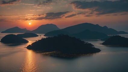 Fototapeta premium Sunset silhouettes over islands and sun reflecting off water with empty space for text