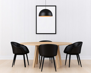 Modern dining room featu a round wooden table, black chairs, and blank picture frame on the wall space.