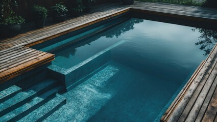 Obraz premium Outdoor Swimming Pool With Wooden Deck and Empty Copy Space for Text