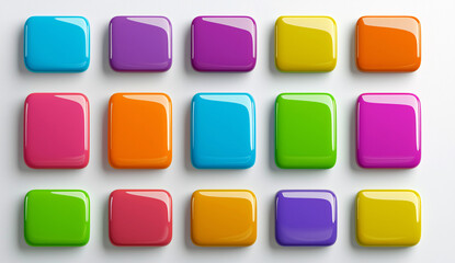 A vibrant array of multicolored rounded square shapes are arranged neatly on a clean white background surface.