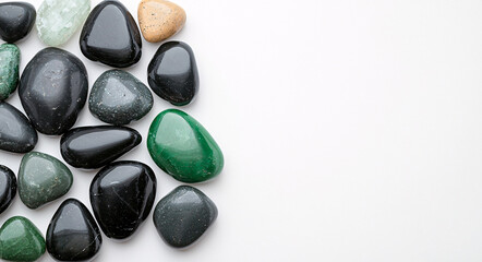 Polished stones in various shades of green and black are arranged artfully on a bright white background.