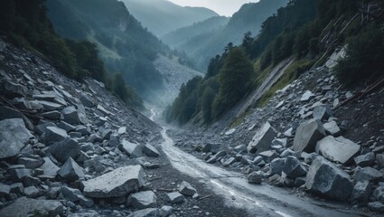 Fototapeta na wymiar Rockfall On The Road In The Mountains with stones of different sizes and landslides, featuring an empty space for text.