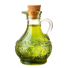 Decanter with olive liquid and cork stopper displayed on transparent background