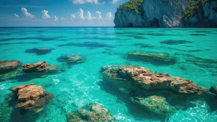 Obraz premium Transparent and turquoise sea with empty copy space for text. Clear ocean water with rocks and cliffs, perfect for adding your message.