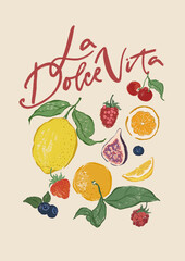 Vector berry poster of lemon, orange, figs and cherry. Hand-drawn garden harvest sketch. Tasty food illustration for restaurant and cafe interior, fruit market drawing print, fabric or background.