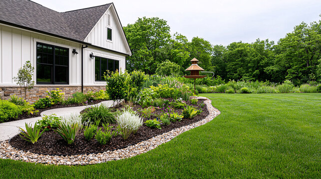 Beautiful suburban house with manicured lawn and flowerbed landscaping on a gorgeous summer afternoon day.