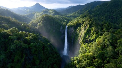 Fototapeta premium Aerial View of Tropical Waterfall in Lush Green Rainforest Surrounded by Mountain Landscape under Morning Sunlight