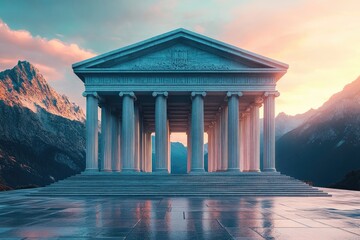 Fototapeta premium A majestic Greek temple stands majestically in the mountains at sunset, showcasing architectural grandeur.