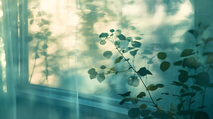 Fototapeta premium Soft, diffused sunlight filtering through sheer curtains, casting plant shadows.
