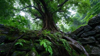 Obraz premium Massive Banyan Tree Roots Growing Over Ancient Stone Wall in Dense Tropical Rainforest