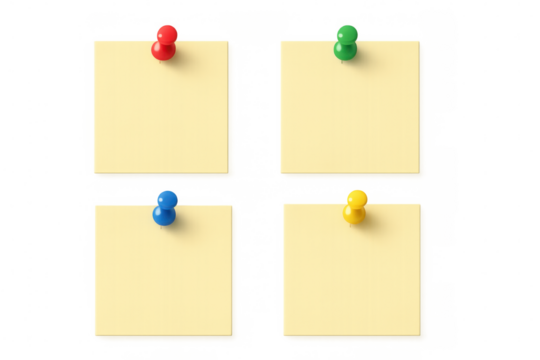 Yellow sticky notes attached to transparent surface, secured by colorful push pins, ready for personalized writing or messaging