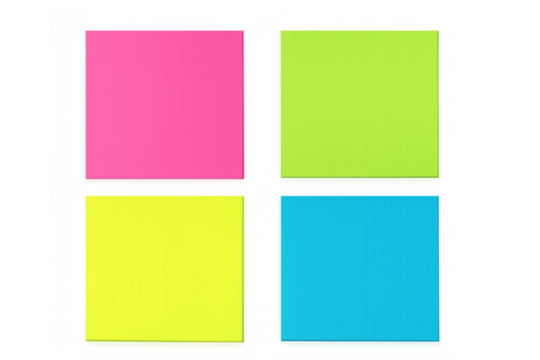 Four blank sticky notes in vibrant pink, green, yellow, and blue are displayed on a transparent background, ready for customization and integration into various projects