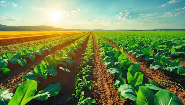 Agricultural field in a clear sunny day with high technologies and innovations in agro-industry, study of soil and crop quality, profit and investment growth, and implementation of technological so...