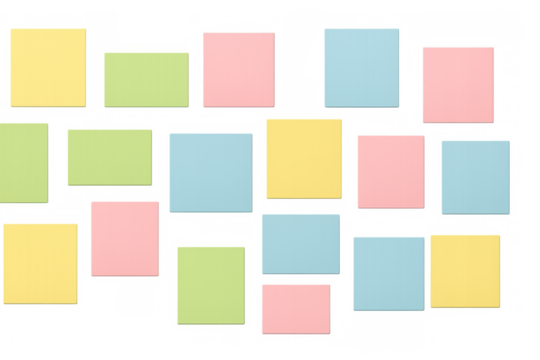 Pastel sticky notes spreading cheerful colors, organizing workspace with playful design elements against clean transparent background