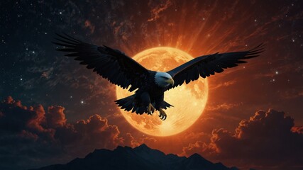 Fototapeta premium A huge monumental shadow of a beautiful and huge black eagle forged from steel, soaring in space, among bright stars, against the background of a huge Sun with fiery prominences