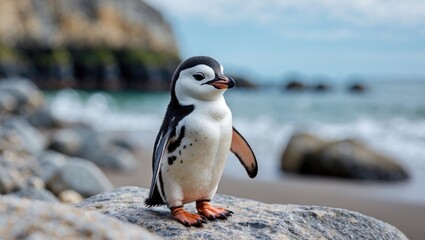 Fototapeta premium Cute Small Penguin Standing On The Rock Near A Beach