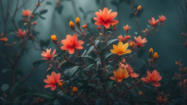 A plant with attractive reddish-yellow flowers and empty space for text