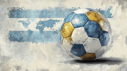 Soccer ball set against a textured background with world map and painted flag stripes.