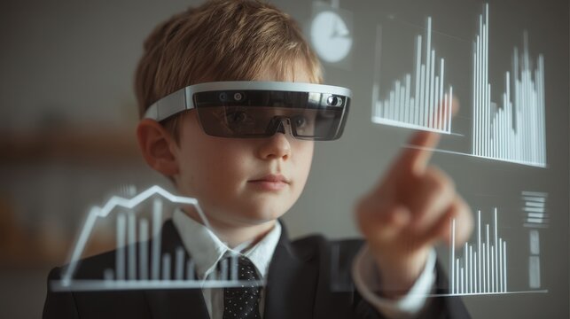Wearing augmented reality glasses, a boy explores digital charts in a spacious home studio, symbolizing the intersection of creativity, tech, and innovation.