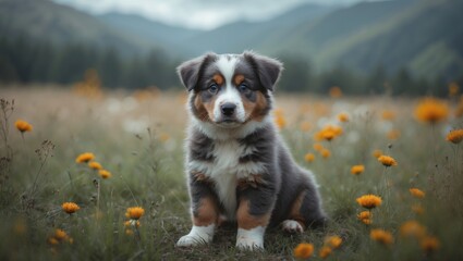 Obraz premium Australian Shepherd Dog Puppy On Meadow