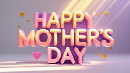 Happy Mothers Day prominently displayed. Use a modern, rounded 3D typeface with a soft light effect that simulates sunbeams in the background. The letters should be colored in warm tones such pink