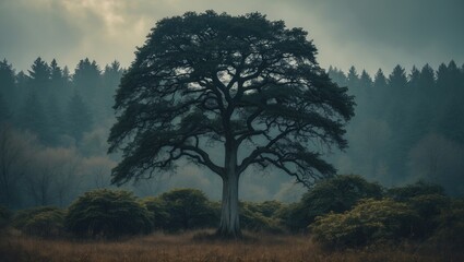 Obraz premium A tree stands tall against a background of forest and bushes.