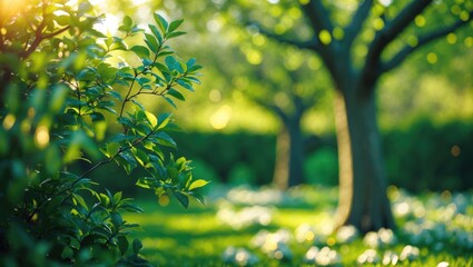 Fototapeta premium Abstract Background of Blurred Focus in a Garden of Foliage Trees with Bokeh in Bright Spring and Summer Green