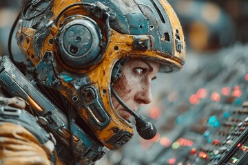 Futuristic Astronaut in Advanced Spacesuit with Detailed Helmet and Control Panel Background