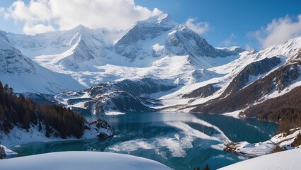 Snow-Capped Mountain and Lake scene with icy waters and surrounding snow-covered peaks. nature and landscape photography. Winter and mountain scenery.