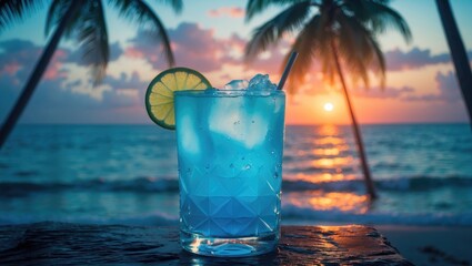 Blue Cocktail Against the Tropical Sea Sunset Background