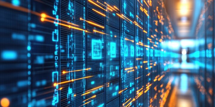 Abstract digital data stream visualization, showing glowing lines and symbols on a dark background, resembling a server room or network infrastructure - Powered by Adobe