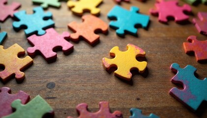 Scattered jigsaw puzzle pieces on wooden table, showing various shapes and colors , colors, top view