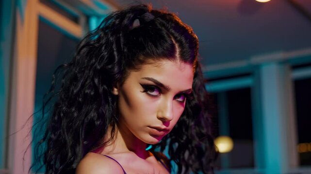 Beautiful brunette woman with voluminous natural curls and sultry expression, wearing a dark strappy outfit. Posing under nightclub lights with a colorful and moody background. Great for fashion, beau