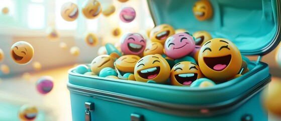 Colorful 3D Emoticons in Open Baggage Floating in Bright Space