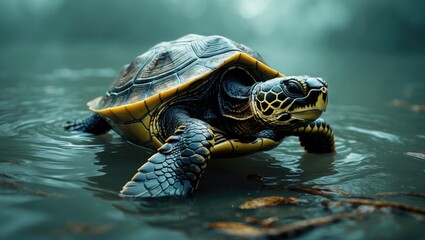 Fototapeta premium A turtle swimming in murky water