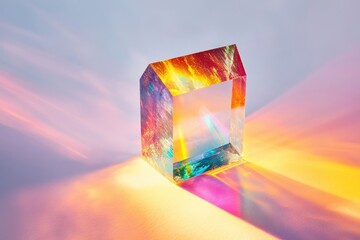 A prismatic glass cube refracts light, casting vibrant rainbow hues on a soft surface.